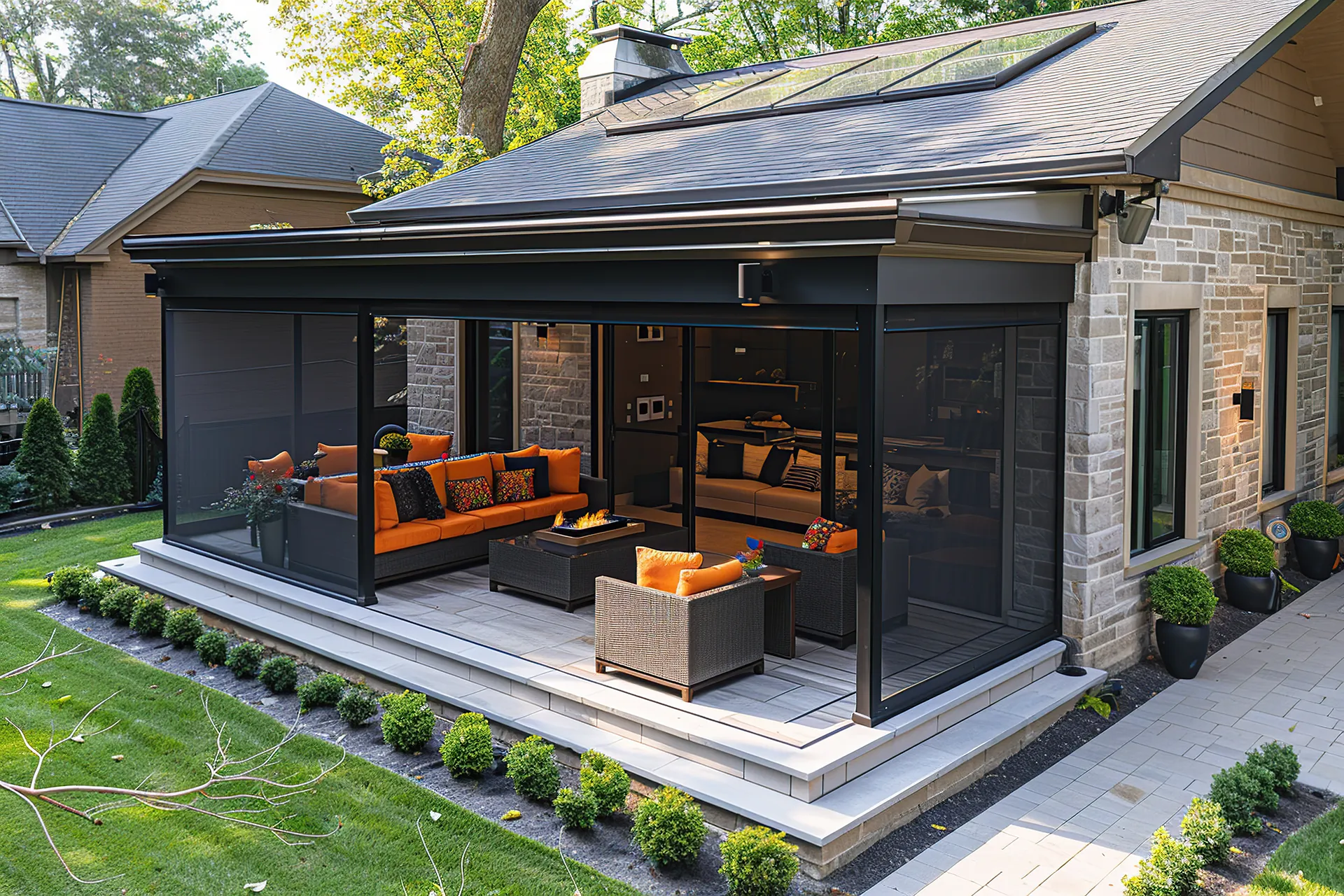 A sleek, glass-enclosed outdoor living space with orange cushions and a fire pit, attached to a stone house with a landscaped garden.