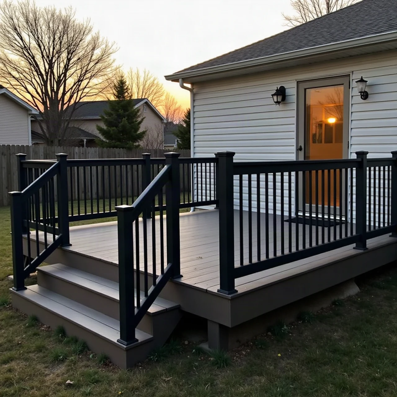 Photograph of a custom composite backyard deck with dark railings attached to a suburban home at golden hour
