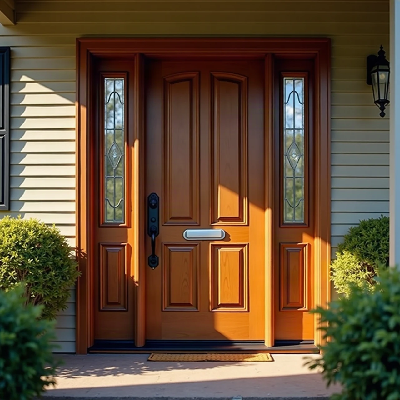 Photograph of an elegant wooden front entry door with sidelights on a southern home porch, warm daylight