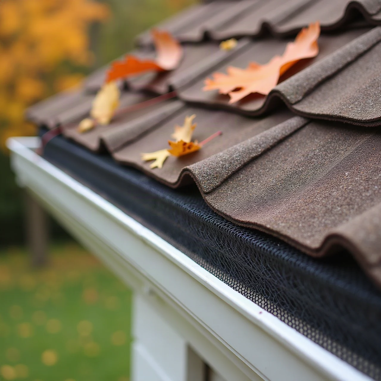 Photograph of mesh gutter guard covering a gutter on a shingle roof edge with autumn leaves resting on top