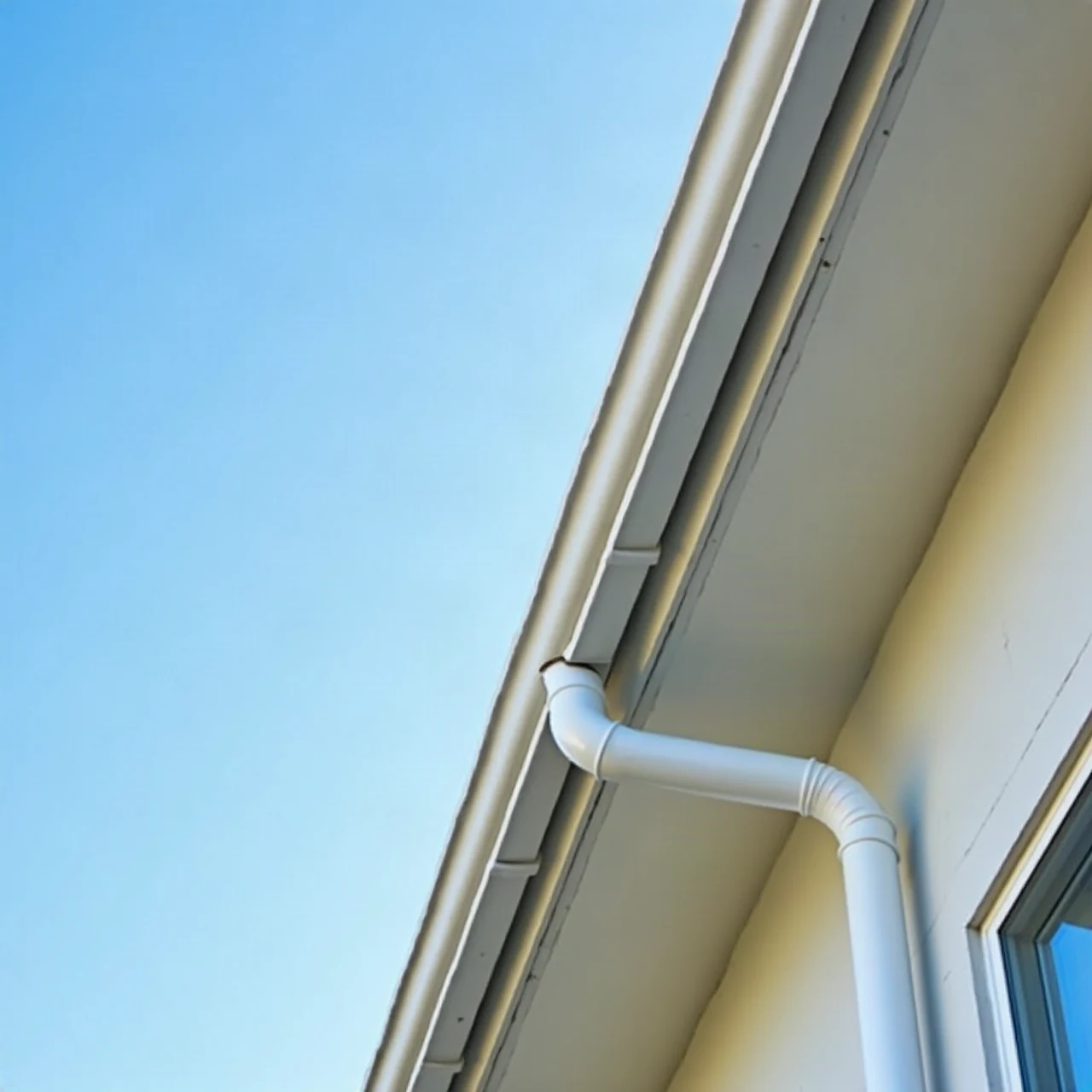Close-up photograph of new seamless aluminum gutters and downspout on a white two-story home under a clear blue sky, natural light