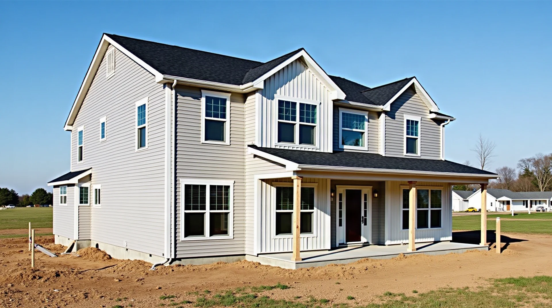 Wide photograph of a new-construction two-story house with fresh siding and roofing nearly complete, clear sky, suburban lot
