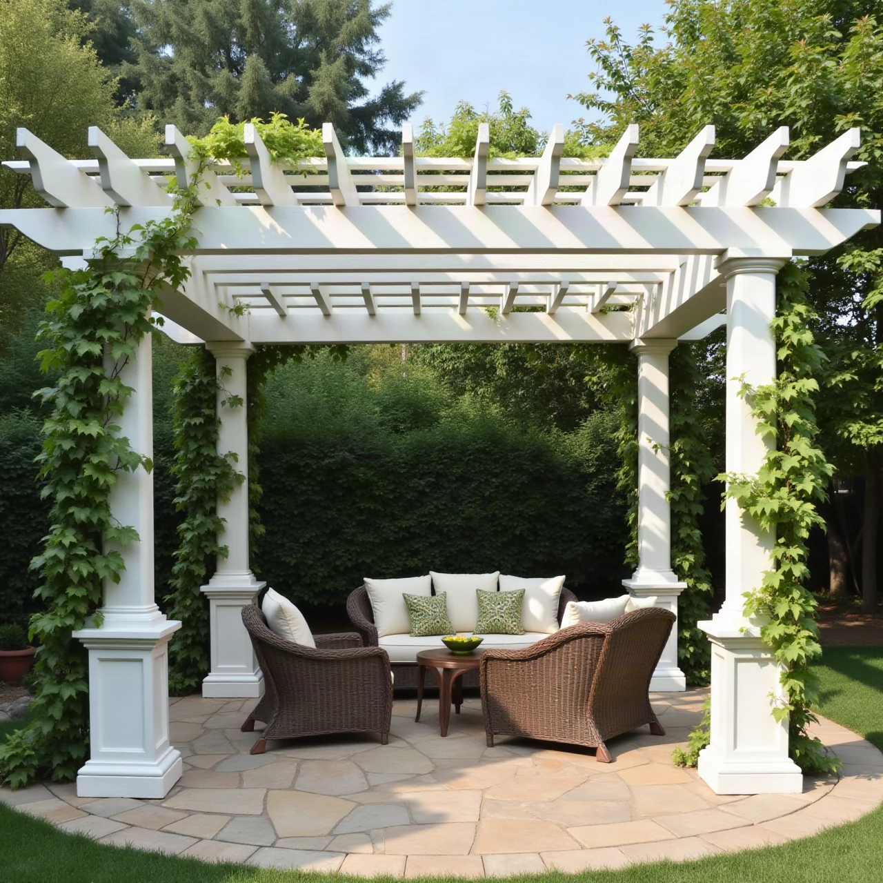 Photograph of a white pergola over a backyard patio with outdoor furniture and climbing vines, soft afternoon light