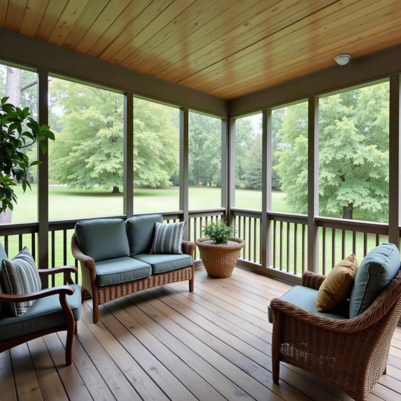Photograph of a screened-in porch room attached to a house with comfortable seating, view to green backyard