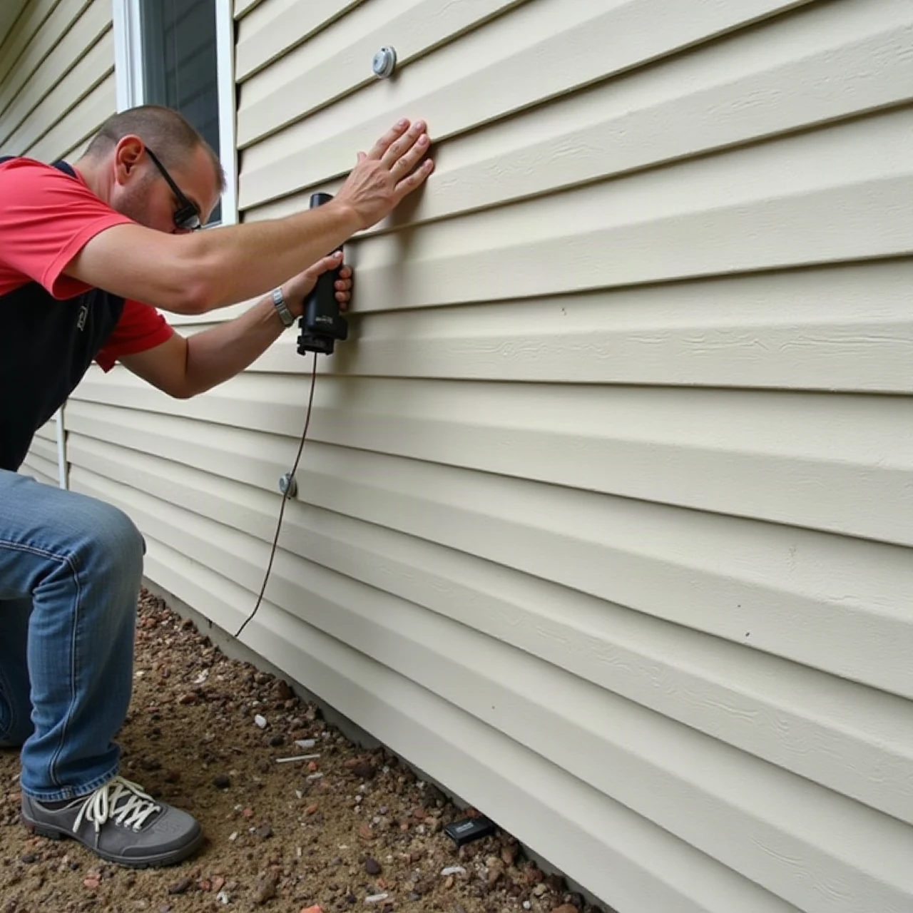 Photograph of an installer fitting horizontal lap siding panels onto a house wall, hands and tools visible, no faces