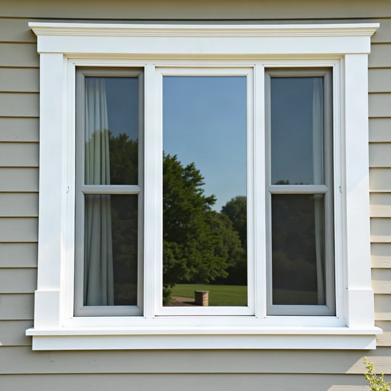 Photograph of new double-hung white vinyl windows on a home exterior with crisp trim and siding, daylight